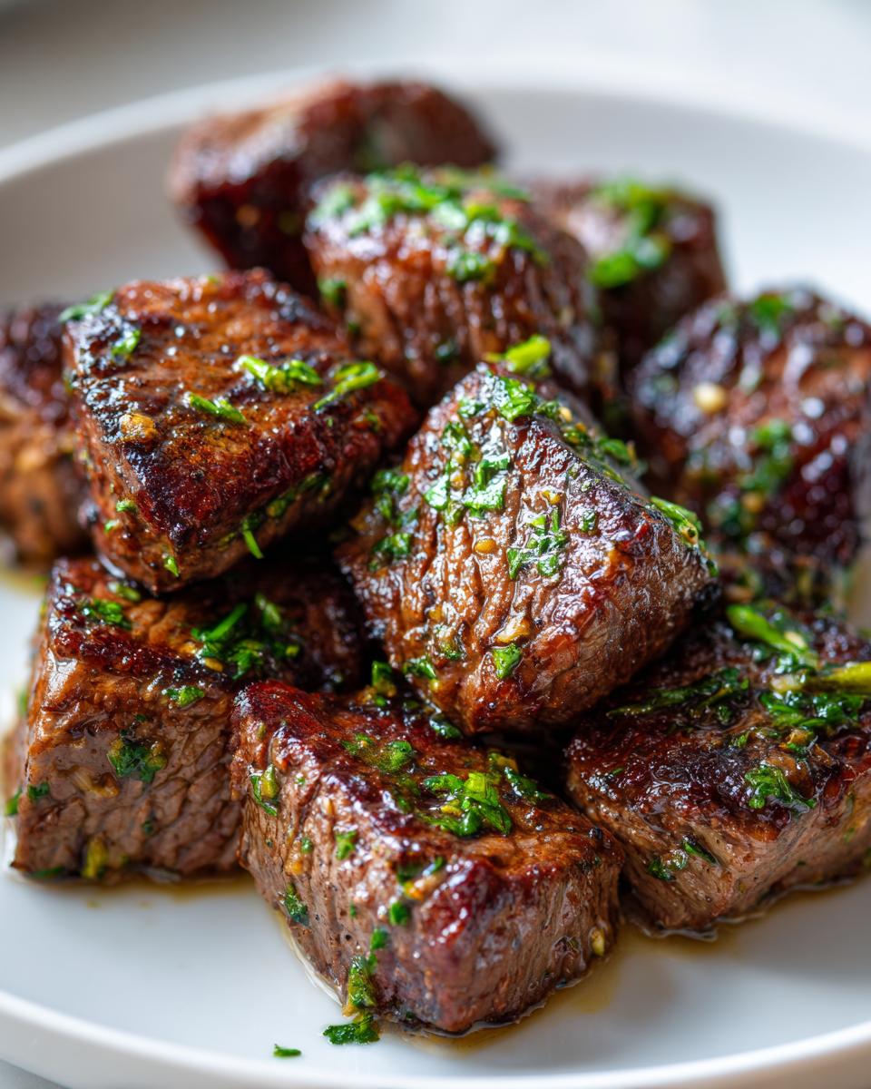 Close-up of juicy, seared steak bites glazed with butter and topped with fresh green herbs.