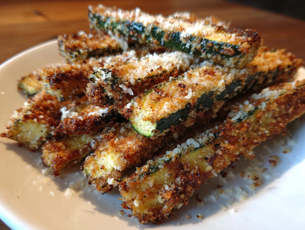 Close-up of crispy, golden brown air fryer zucchini sticks coated in breading and parmesan cheese.