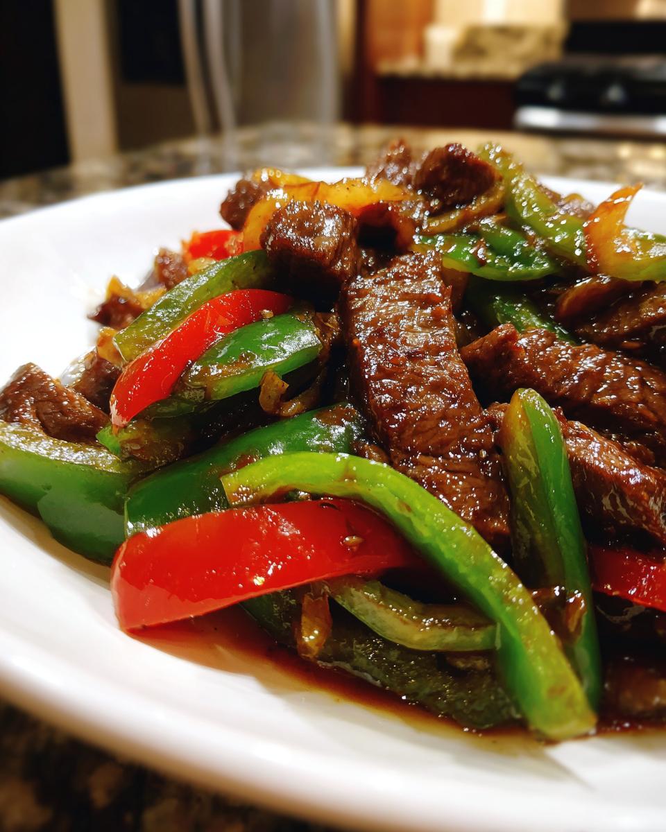 Close-up of tender strips of pepper steak mixed with vibrant red and green bell peppers in a savory brown sauce.