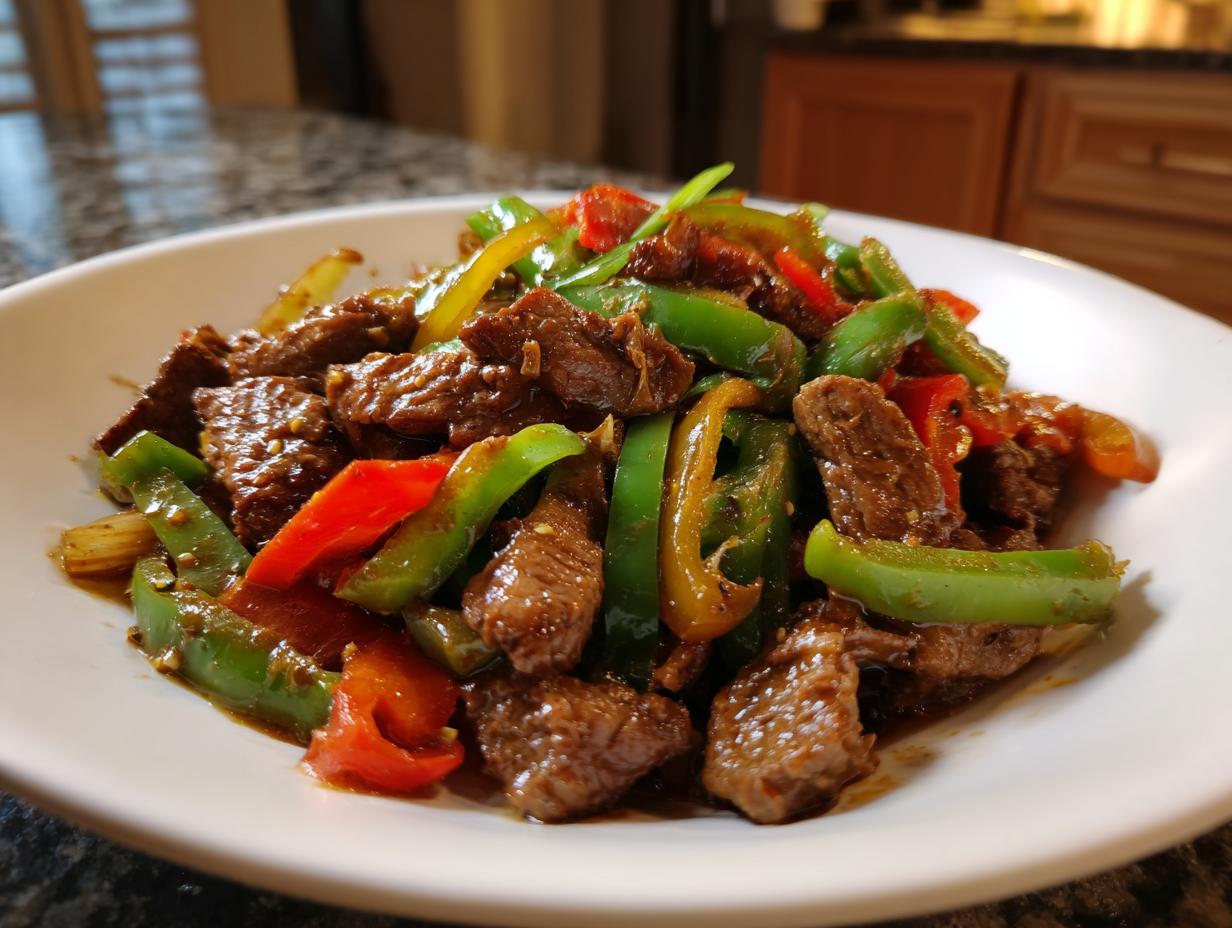 A close-up serving of savory pepper steak featuring strips of beef mixed with vibrant green and red bell peppers in a rich sauce.