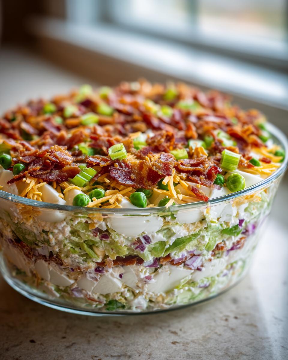 Close-up of a layered 7 layer salad in a clear glass bowl, topped with bacon and green onions.
