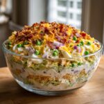 A large glass bowl filled with a layered 7 layer salad, topped with bacon, cheese, peas, and eggs.