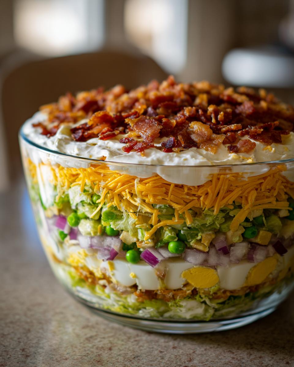 Close-up of a beautiful 7 layer salad in a clear glass bowl, topped with bacon.