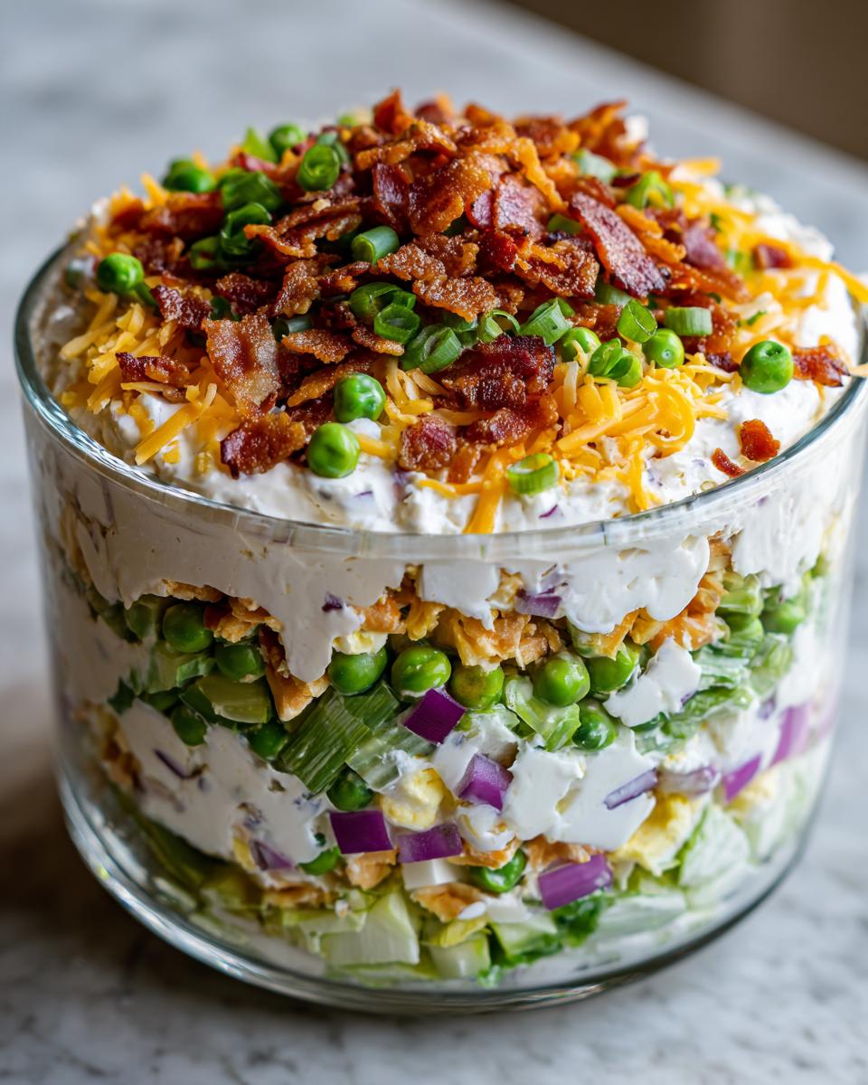 Close-up of a layered 7 layer salad in a clear glass trifle bowl, topped with bacon and cheese.