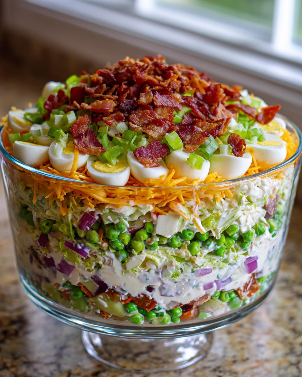 A tall, layered 7 layer salad presented in a glass trifle dish, topped with bacon and eggs.