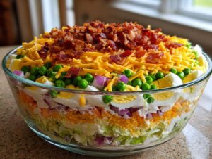 A beautiful, layered 7 layer salad featuring peas, cheese, bacon bits, and eggs in a clear glass bowl.