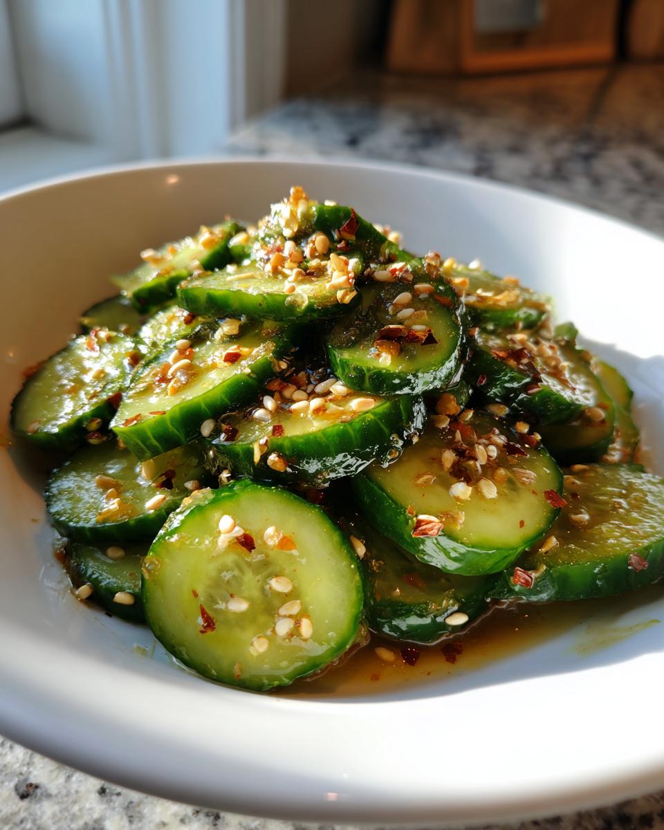 Close-up of sliced cucumbers tossed in a savory dressing, making an amazing asian cucumber salad, topped with sesame seeds.