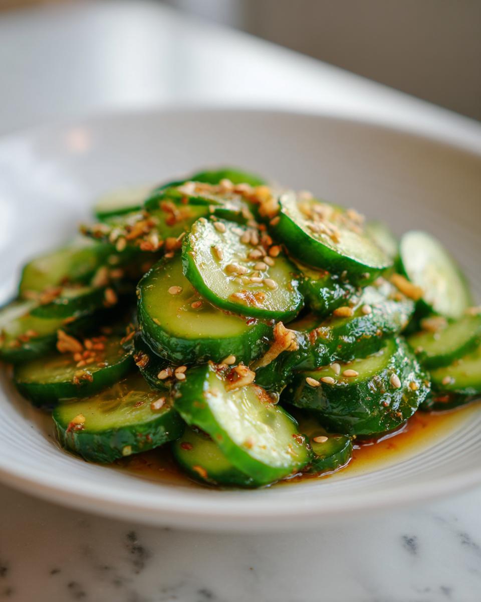 Close-up of vibrant green cucumber slices tossed in a savory dressing, topped with sesame seeds for an asian cucumber salad.