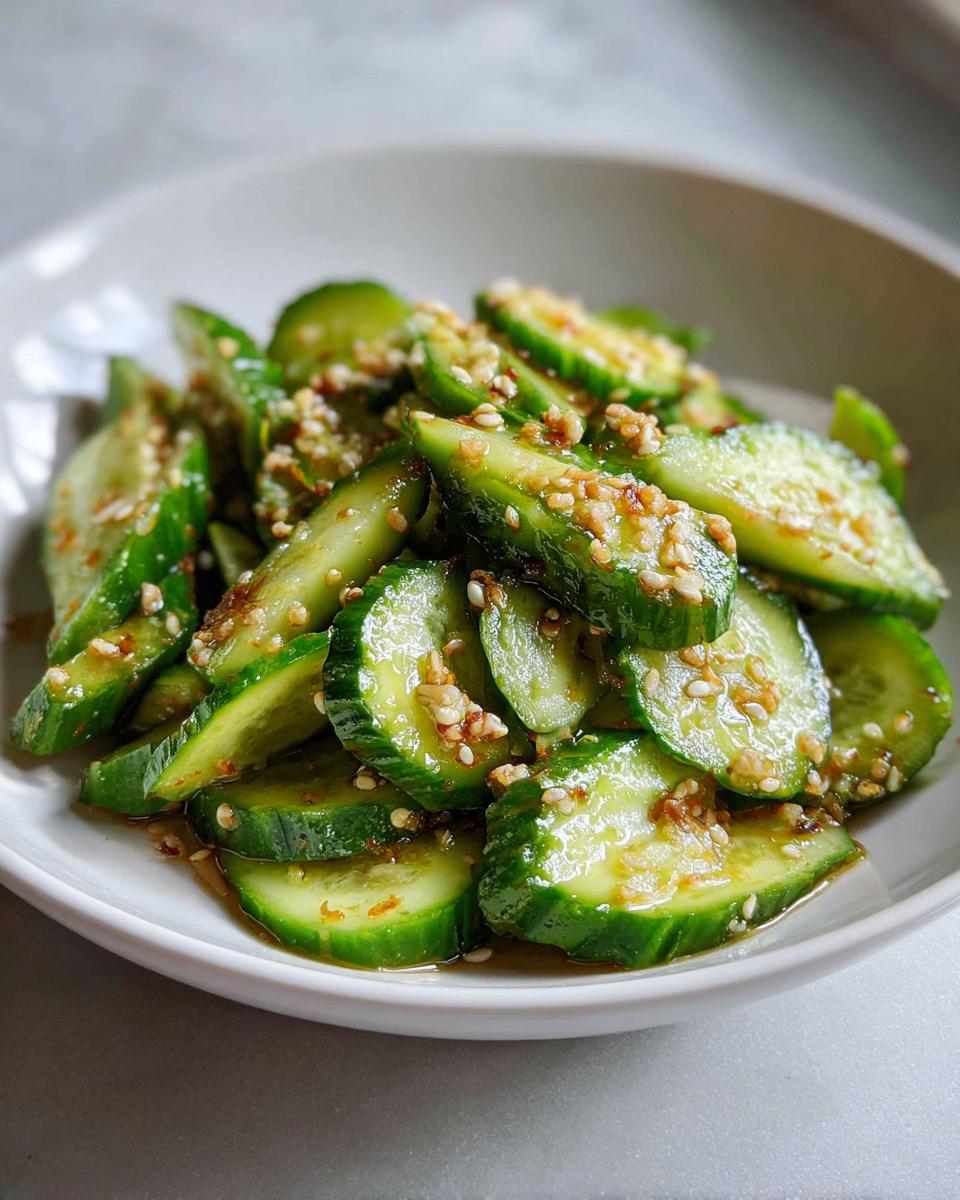 Close-up of sliced cucumbers coated in dressing and topped with toasted sesame seeds in an asian cucumber salad.