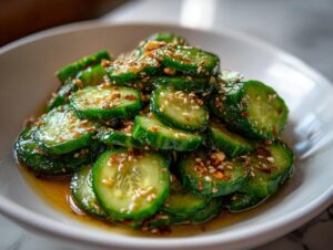 Close-up of sliced cucumbers coated in a savory, spicy dressing and topped with sesame seeds for an amazing asian cucumber salad.