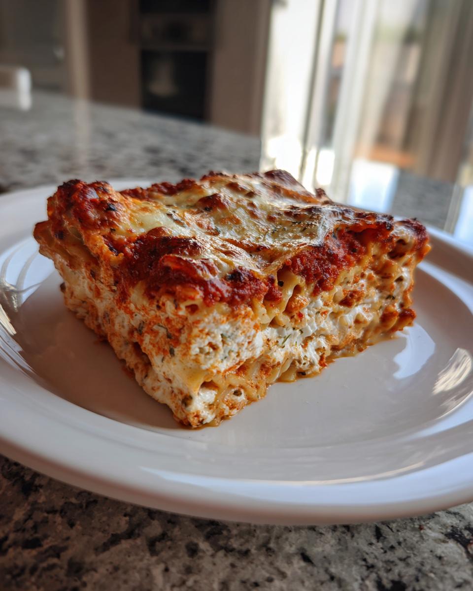 A thick, square slice of baked ziti layered with ricotta cheese and topped with melted, browned mozzarella and tomato sauce.