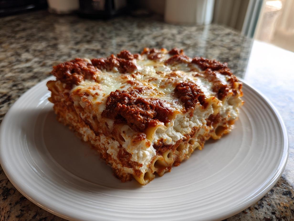 A thick, square slice of baked ziti layered with ricotta, meat sauce, and melted mozzarella cheese on a white plate.