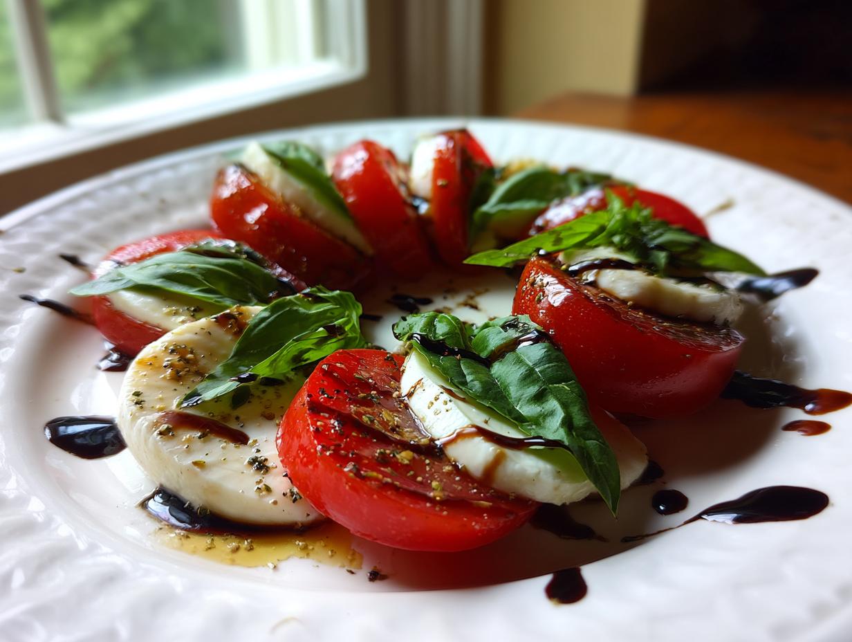 Close-up of a beautiful caprese salad featuring sliced tomatoes, fresh mozzarella, and basil drizzled with balsamic glaze.