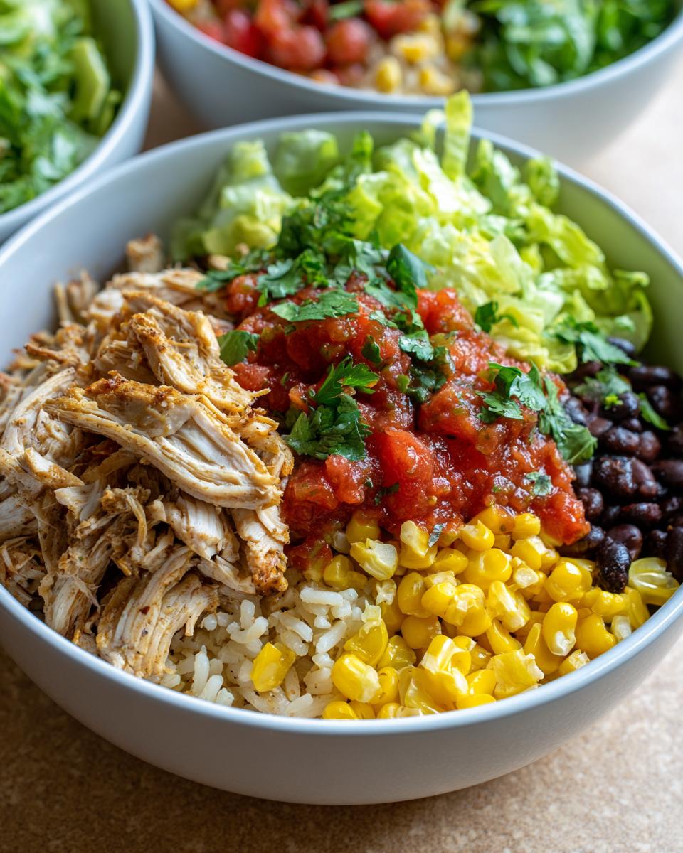 Close-up of a bowl filled with shredded seasoned chicken, rice, corn, black beans, salsa, and lettuce for a chicken burrito bowl.