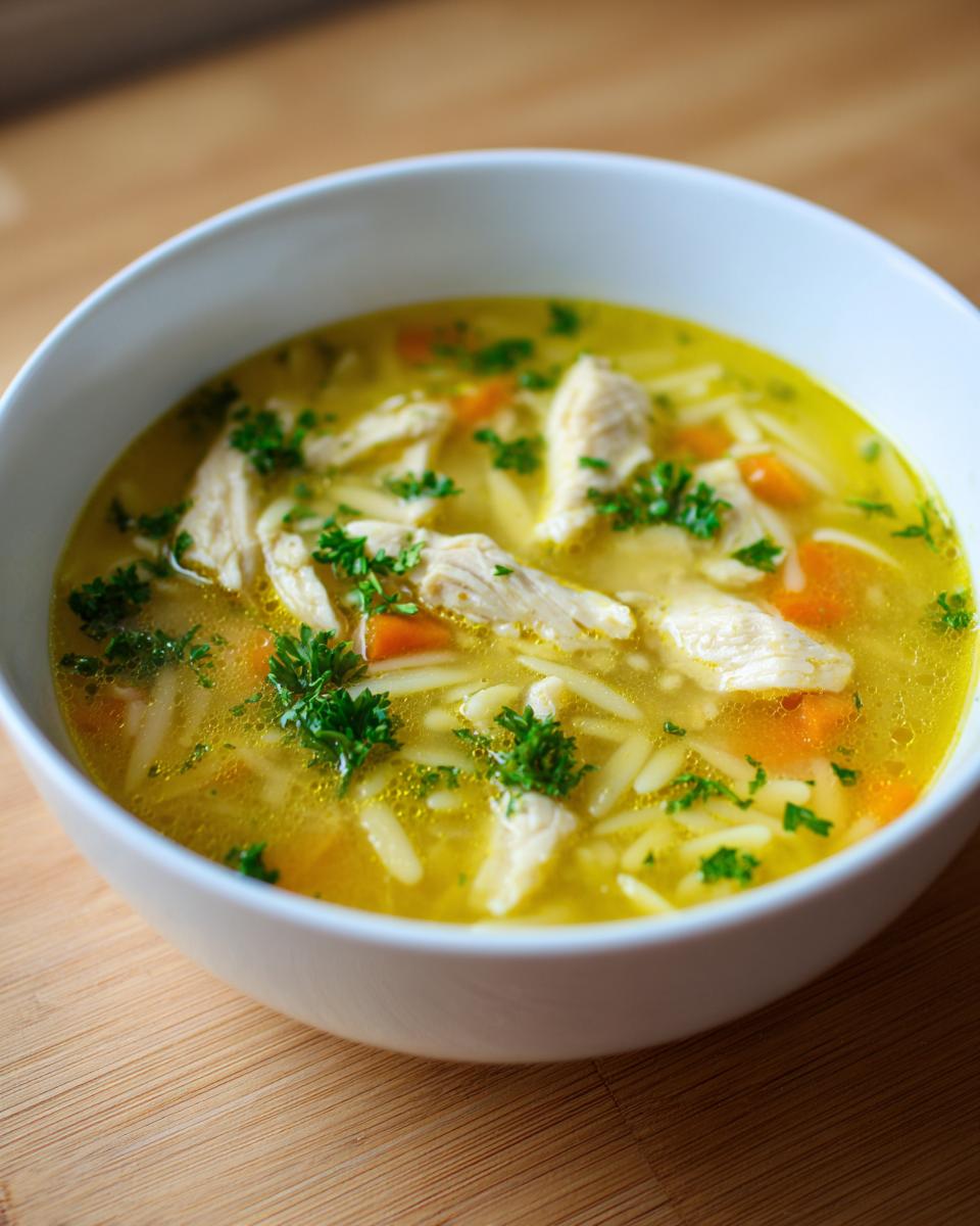 A close-up of a white bowl filled with amazing chicken orzo soup, featuring shredded chicken, carrots, and fresh parsley.
