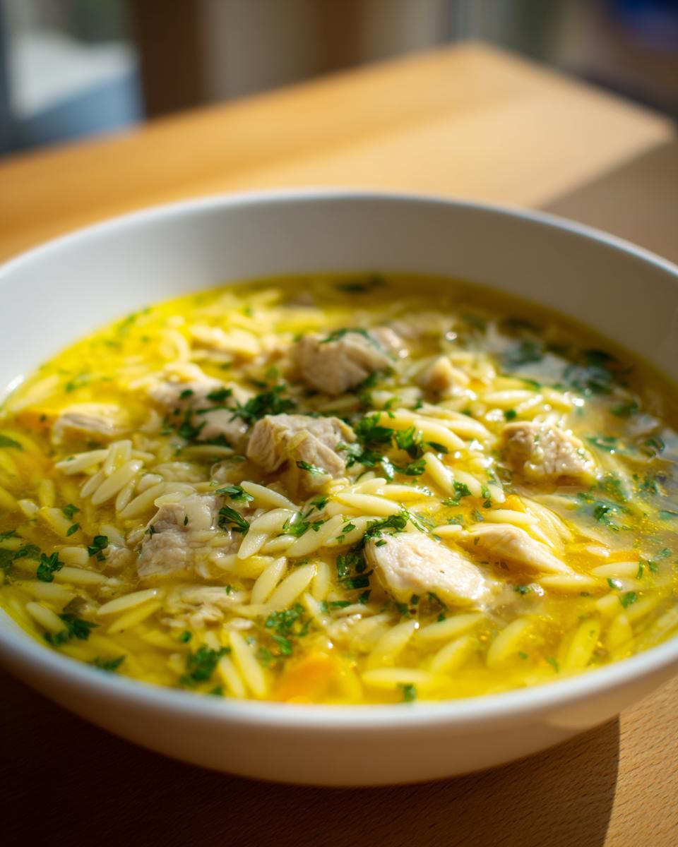 Close-up of a white bowl filled with bright yellow chicken orzo soup, featuring chunks of chicken and fresh parsley.