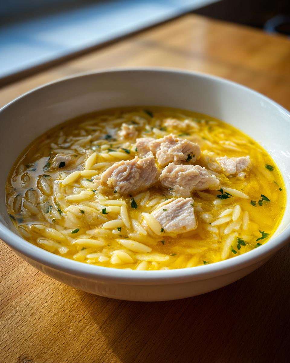 Close-up of a white bowl filled with amazing chicken orzo soup, featuring yellow broth, orzo pasta, and chunks of cooked chicken.