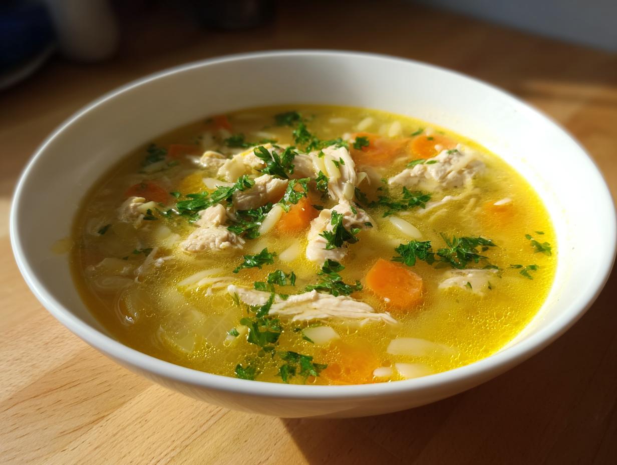 Close-up of a white bowl filled with amazing chicken orzo soup, featuring shredded chicken, carrots, and parsley.