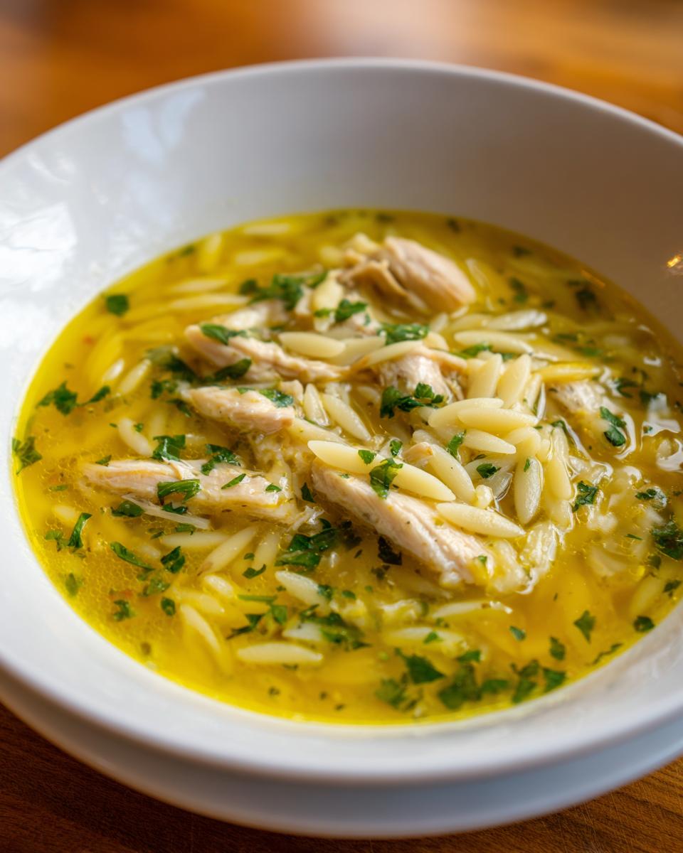 A close-up view of a white bowl filled with amazing chicken orzo soup, featuring shredded chicken, orzo pasta, and fresh parsley.