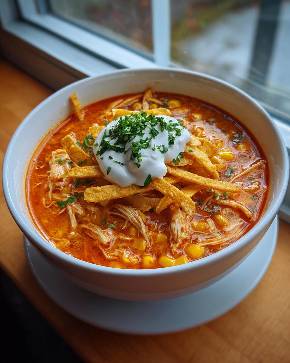 A vibrant bowl of chicken tortilla soup topped with sour cream, crispy tortilla strips, and fresh cilantro.