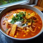 Close-up of a bowl of vibrant red chicken tortilla soup topped with sour cream, cilantro, and tortilla strips.
