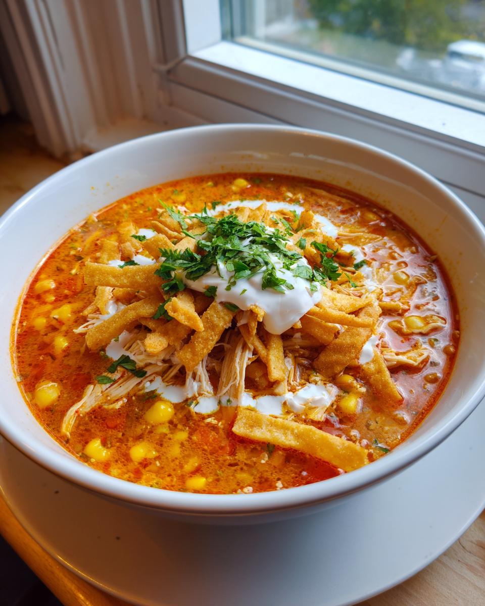 A close-up of a bowl of rich, orange-red chicken tortilla soup topped with sour cream, cilantro, and crispy tortilla strips.