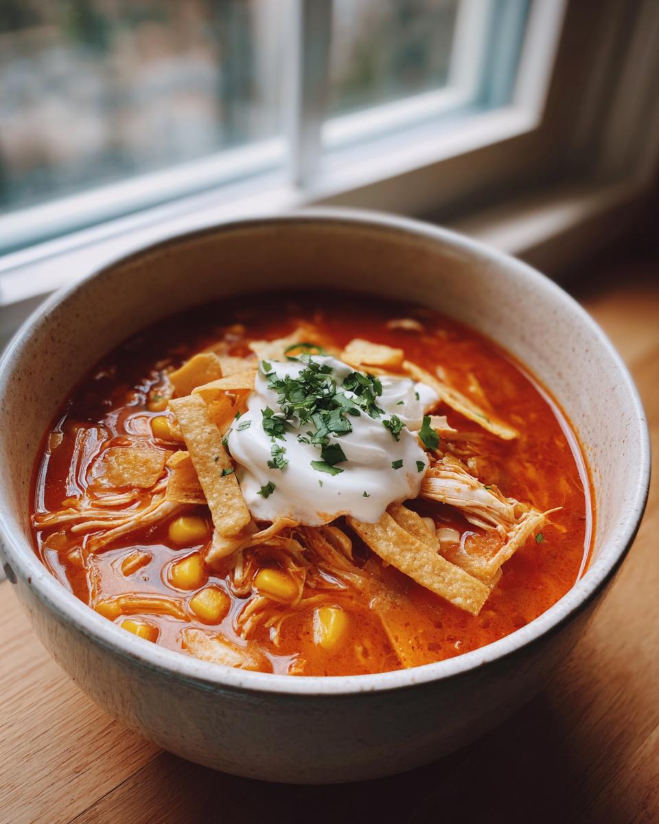 Close-up of a bowl of vibrant red chicken tortilla soup topped with sour cream, cilantro, and crispy tortilla strips.