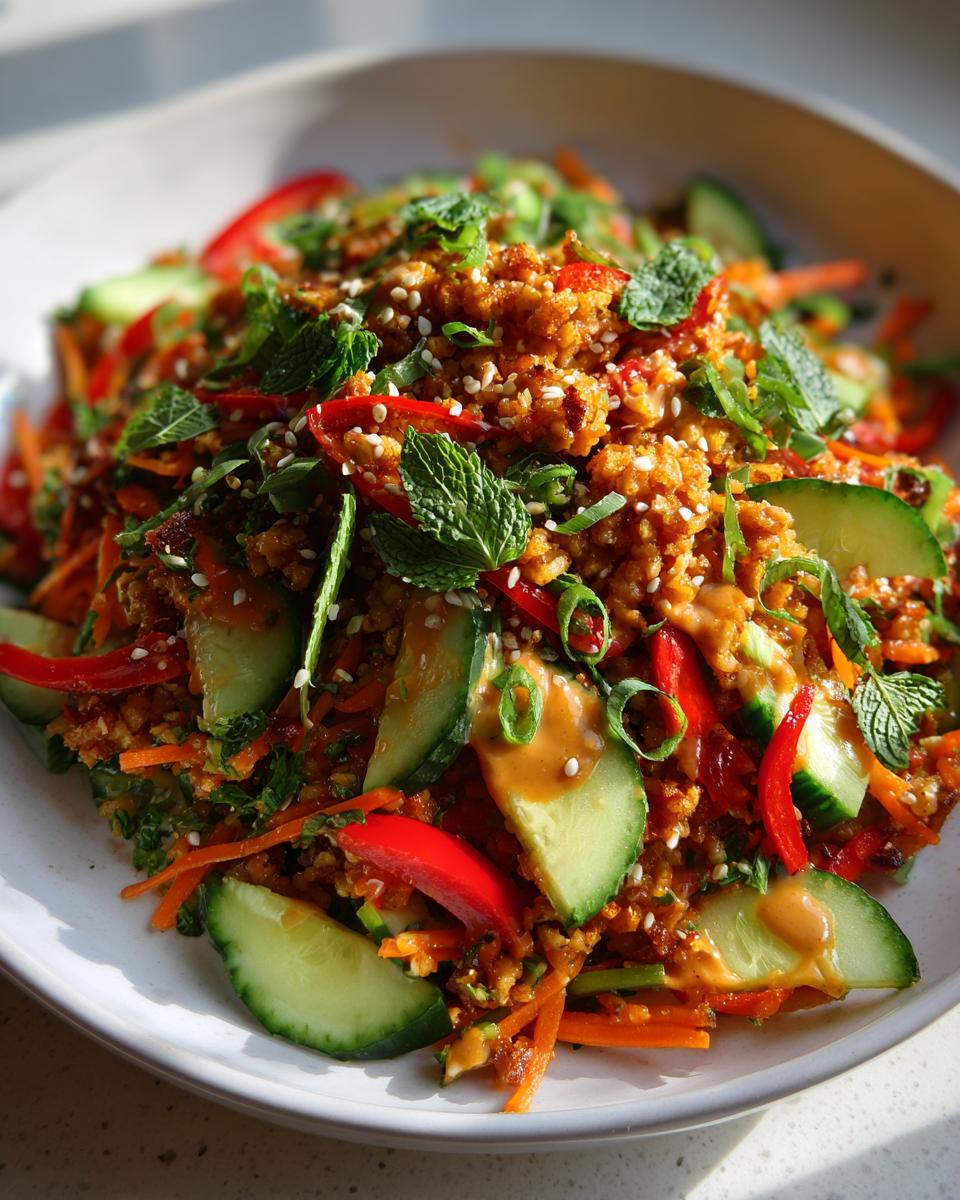 A vibrant bowl of crispy rice salad featuring crunchy rice, sliced cucumbers, red peppers, and fresh mint.