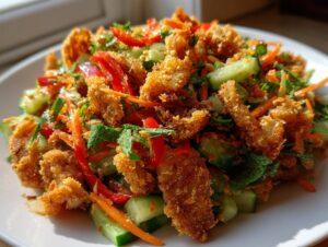 A vibrant plate featuring amazing crispy rice salad mixed with chunks of cucumber, shredded carrots, red pepper, and mint.