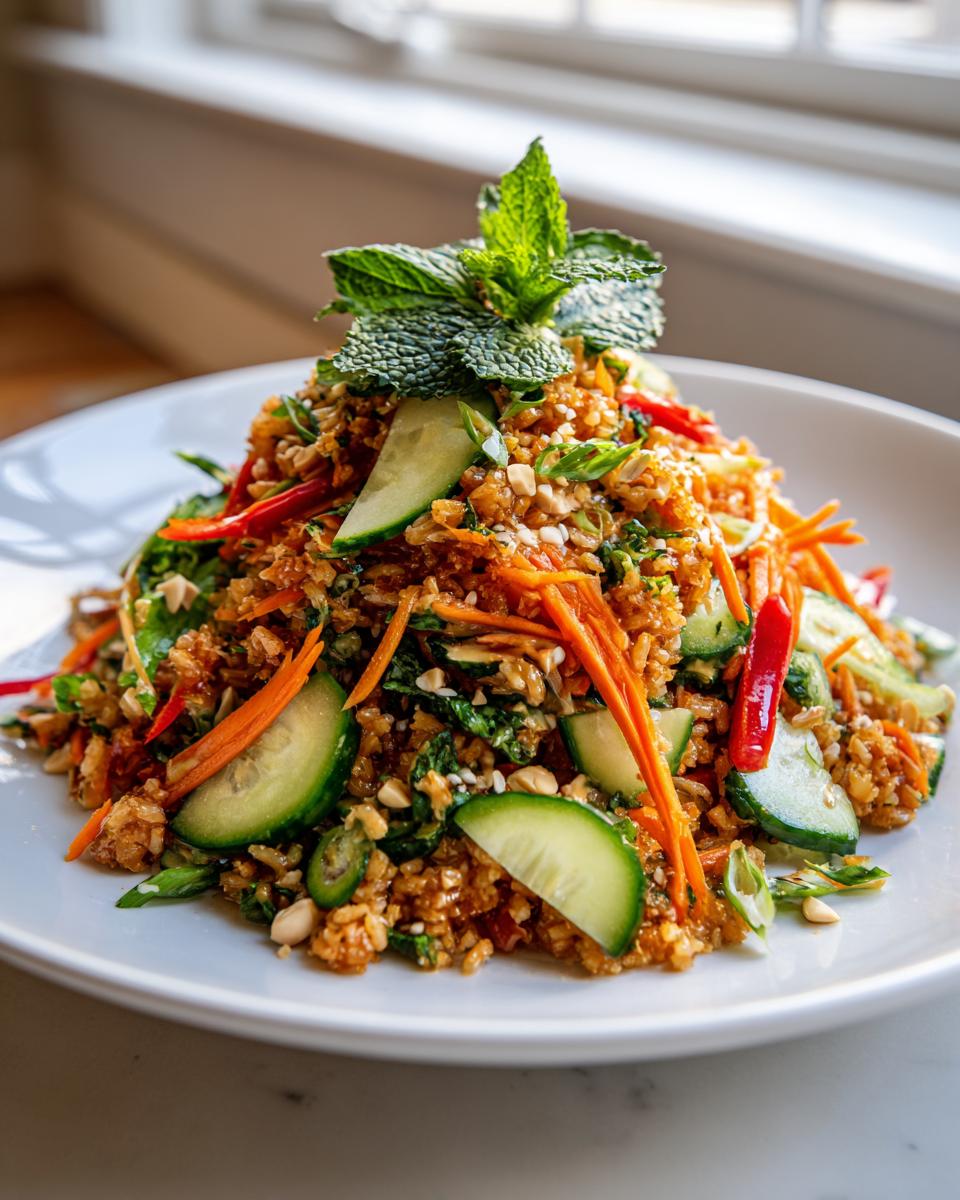 A vibrant mound of crispy rice salad topped with fresh mint, cucumber slices, shredded carrots, and peanuts.