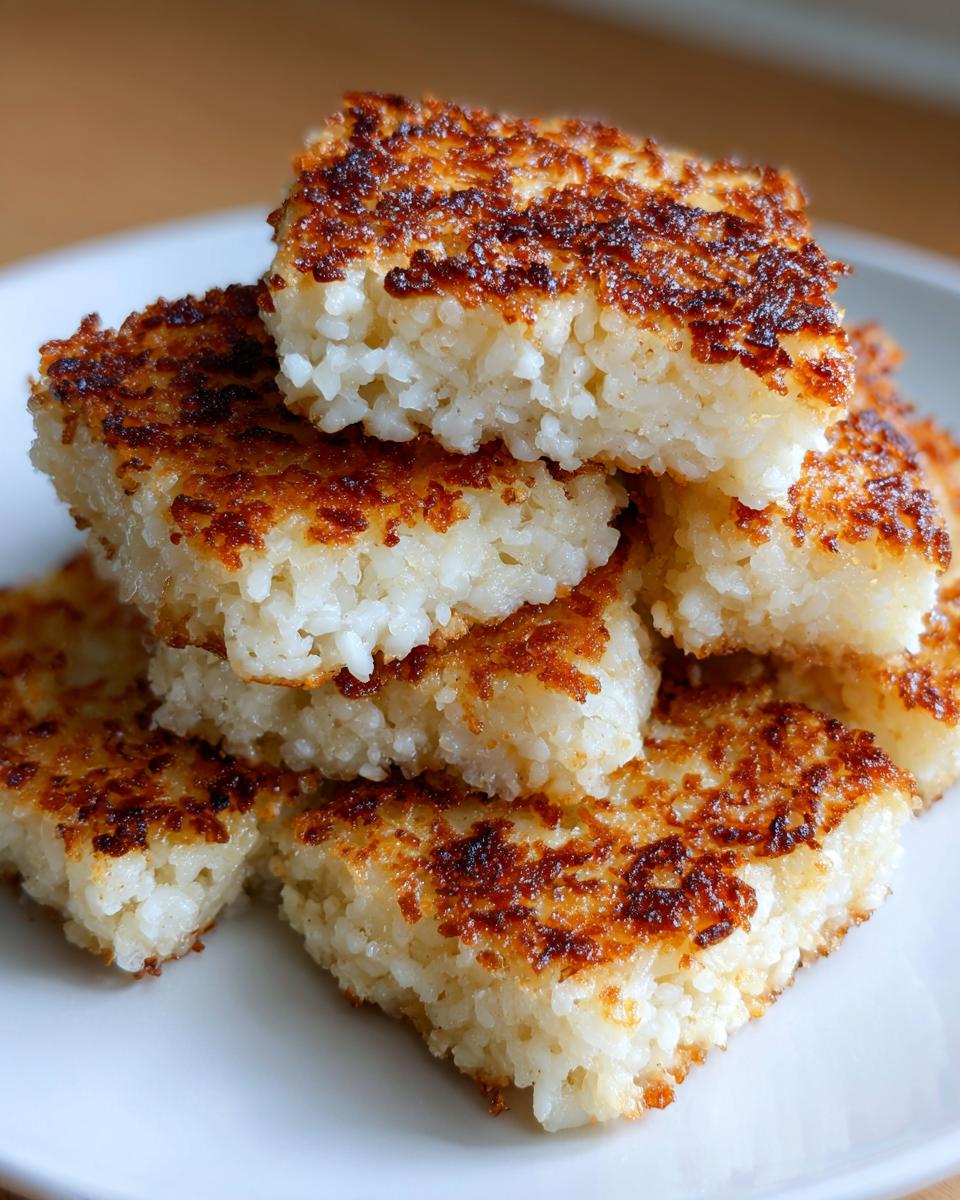 A stack of golden-brown, perfectly crispy rice squares showing a crunchy exterior and soft interior.