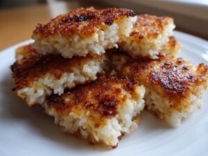 Close-up of golden brown, pan-fried crispy rice squares stacked on a white plate.