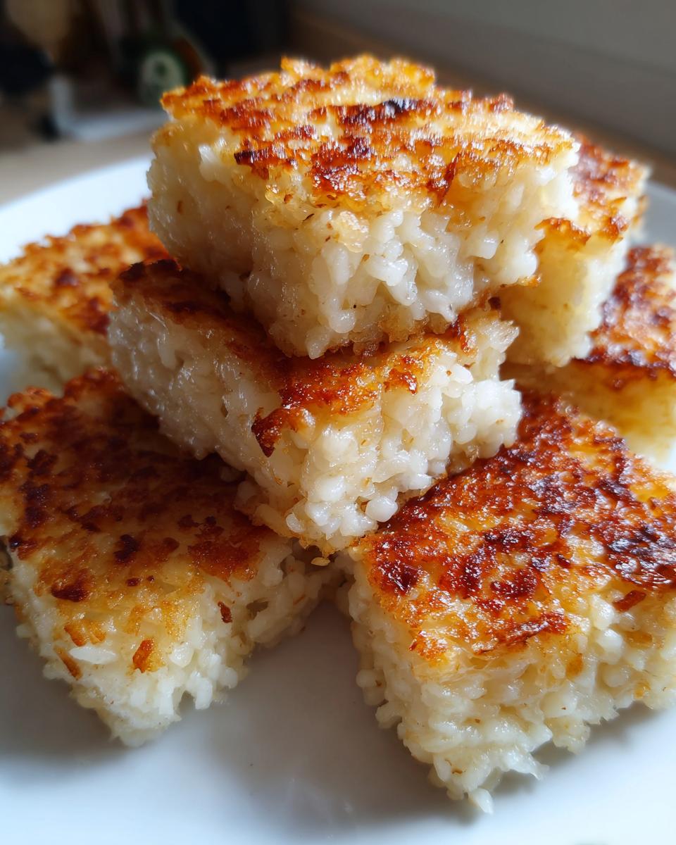 Close-up of stacked, golden-brown squares of crispy rice showing the texture of the grains.