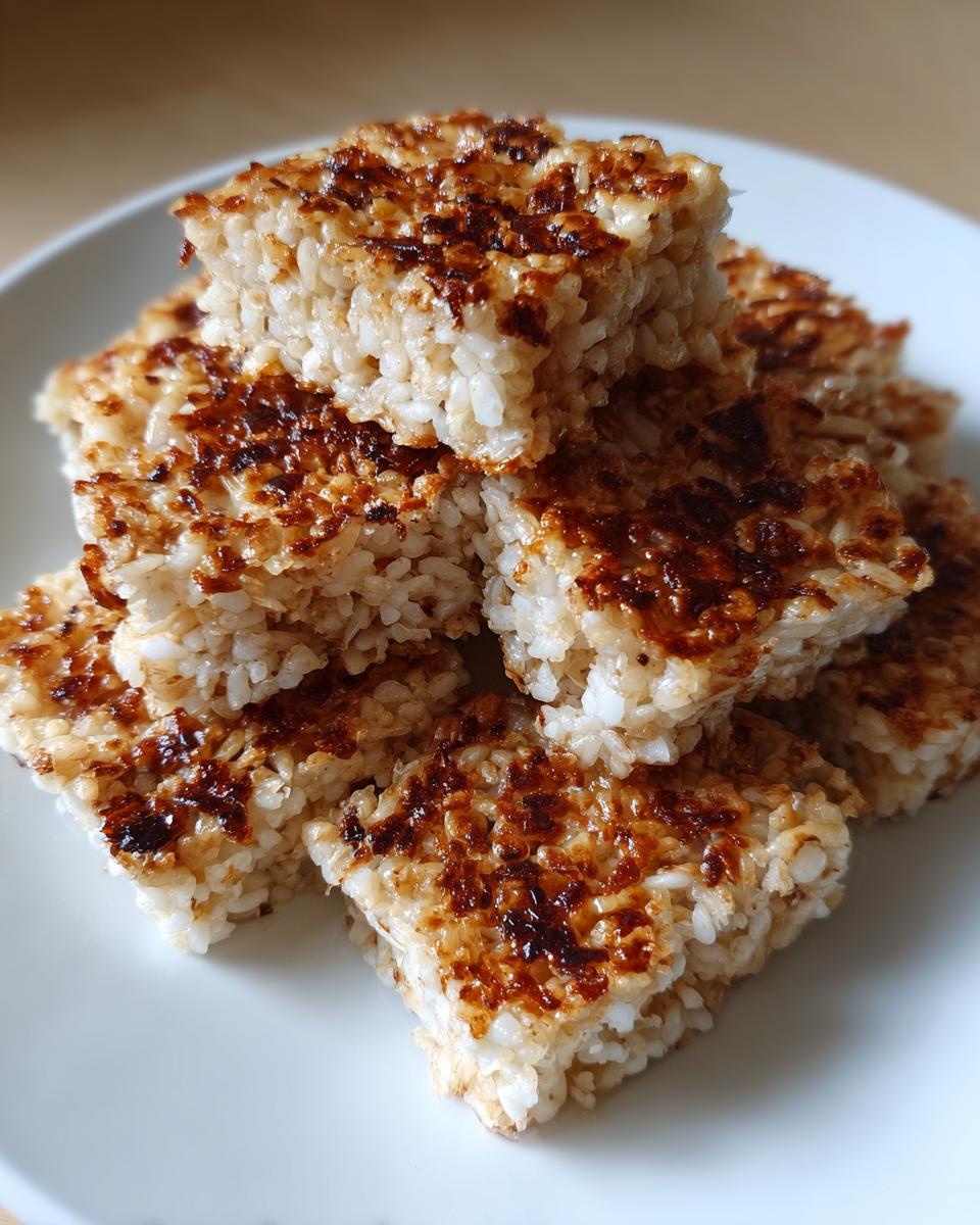 A stack of golden brown, square-cut crispy rice treats with caramelized tops.