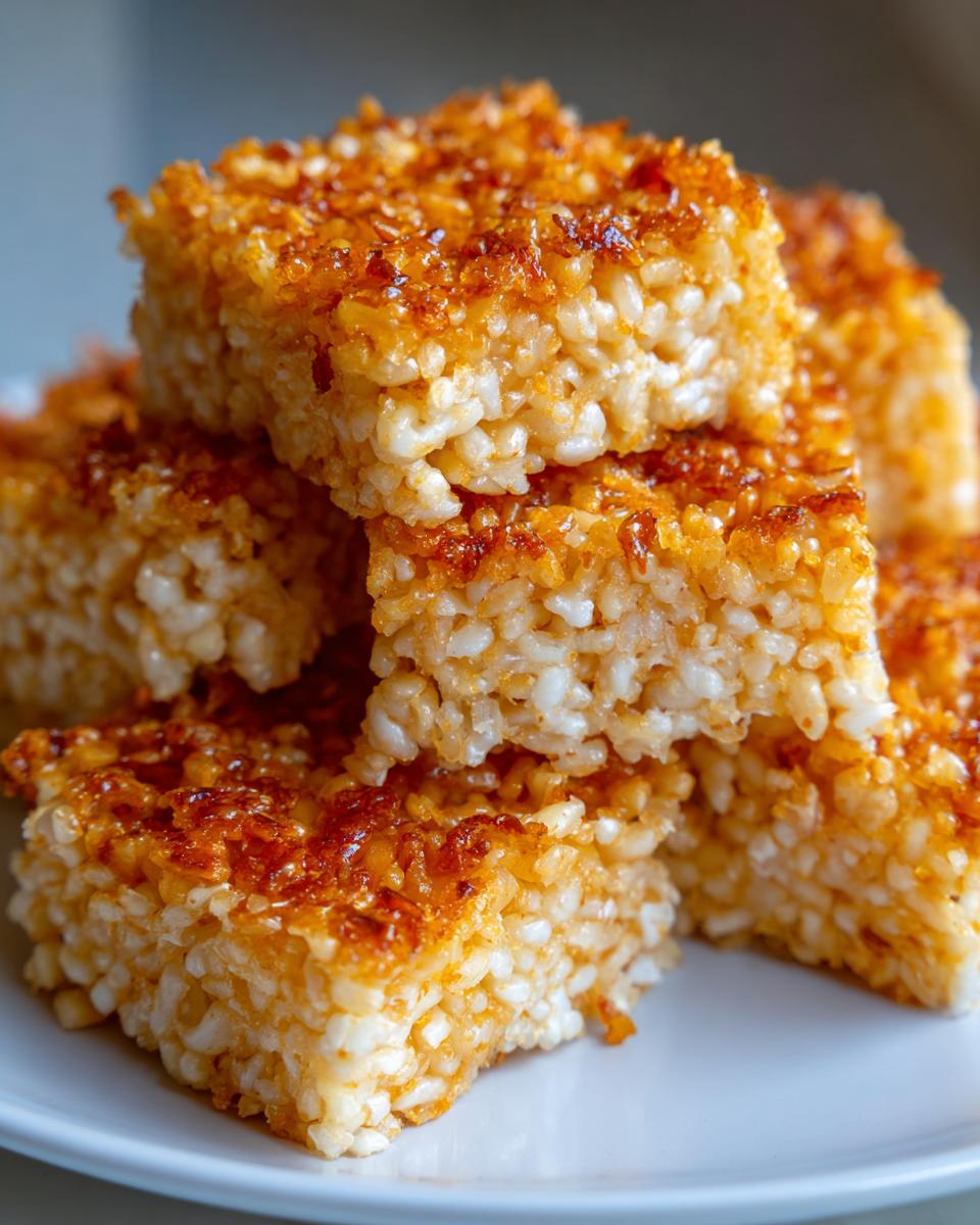 Close-up of stacked, golden brown squares of crispy rice treats showing a sticky, caramelized top layer.