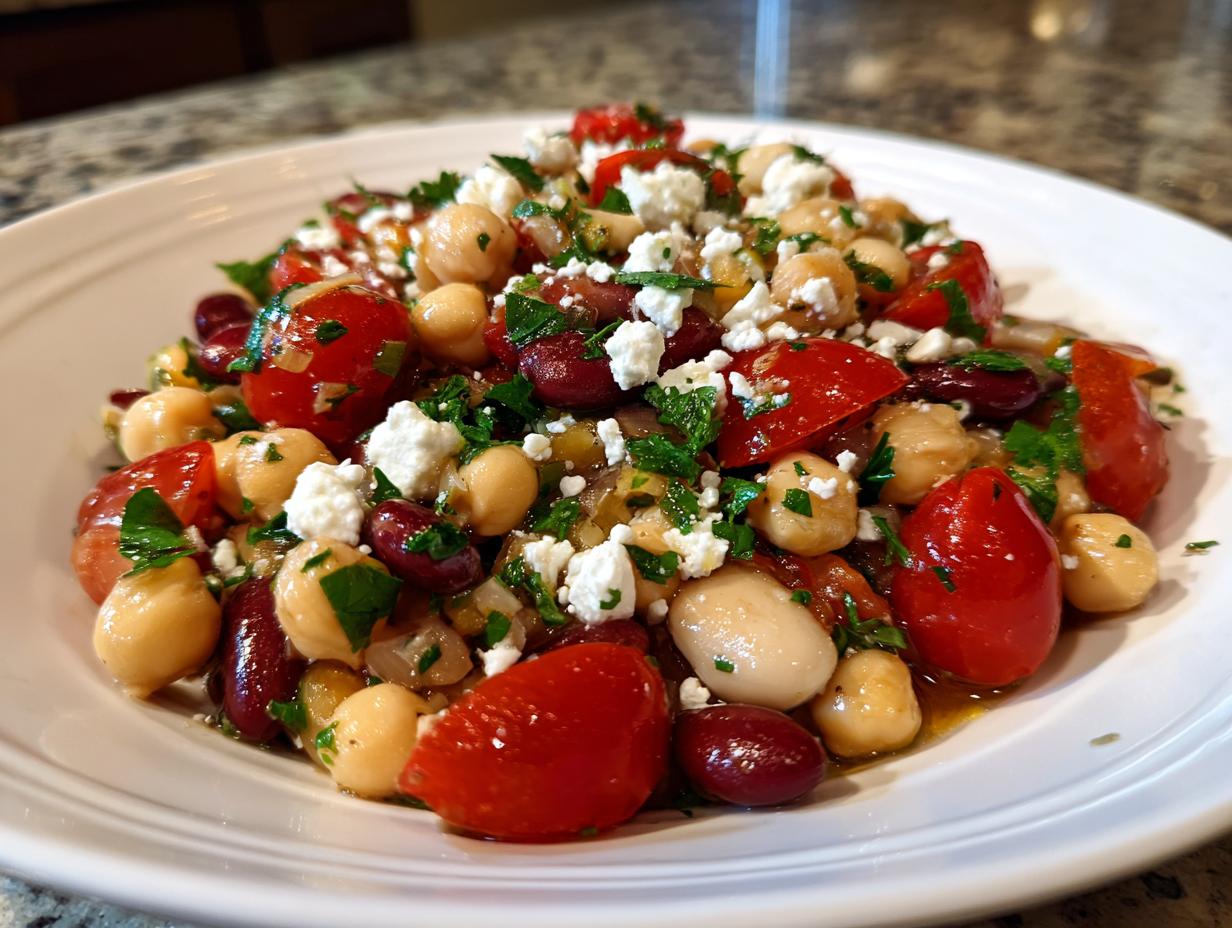 Close-up of a vibrant bean salad featuring chickpeas, kidney beans, cherry tomatoes, and crumbled feta cheese.