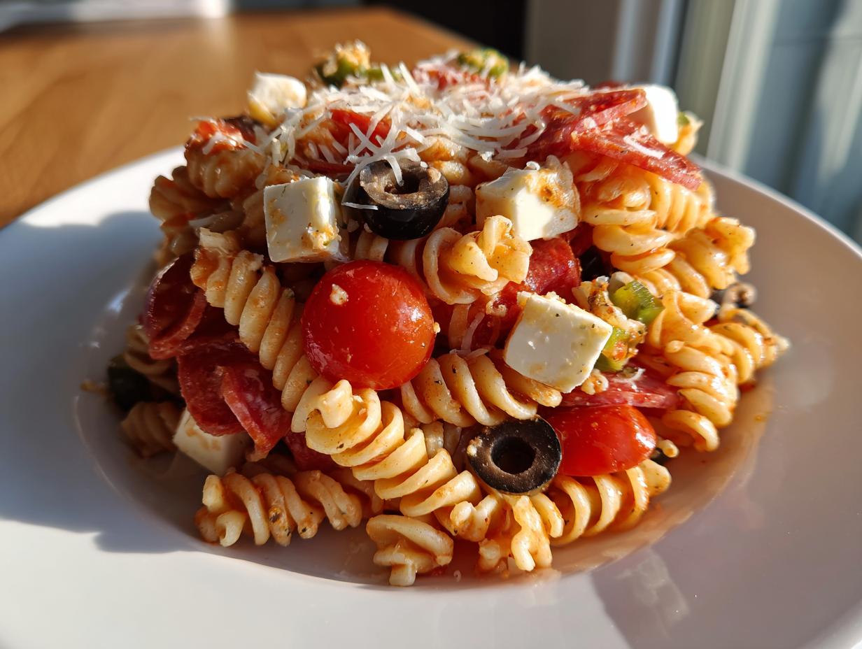 A close-up serving of amazing italian pasta salad featuring rotini pasta, cherry tomatoes, black olives, feta cheese, and pepperoni.