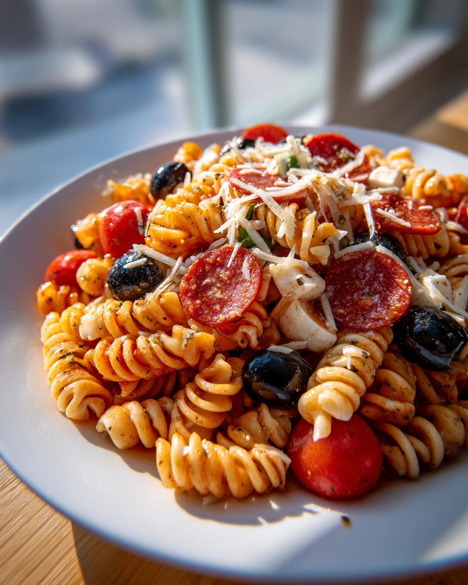 A close-up view of a serving of amazing italian pasta salad featuring rotini pasta, pepperoni slices, black olives, and shredded cheese.