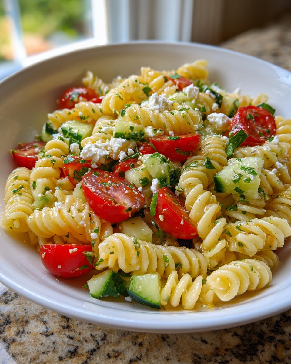 Close-up of a white bowl filled with amazing mediterranean pasta salad featuring fusilli, tomatoes, cucumber, and feta.