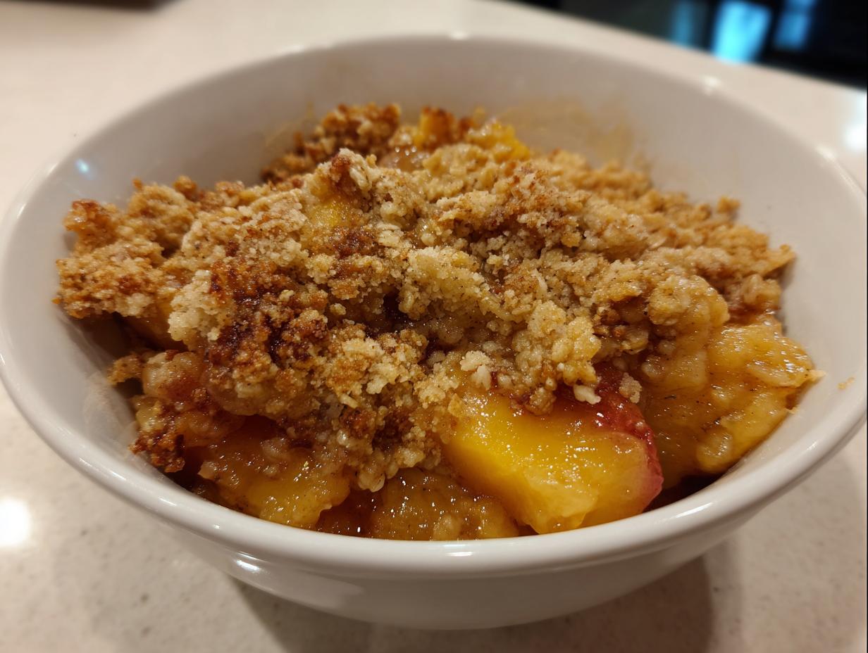 Close-up of a warm serving of amazing peach crisp with a thick, crunchy topping in a white bowl.