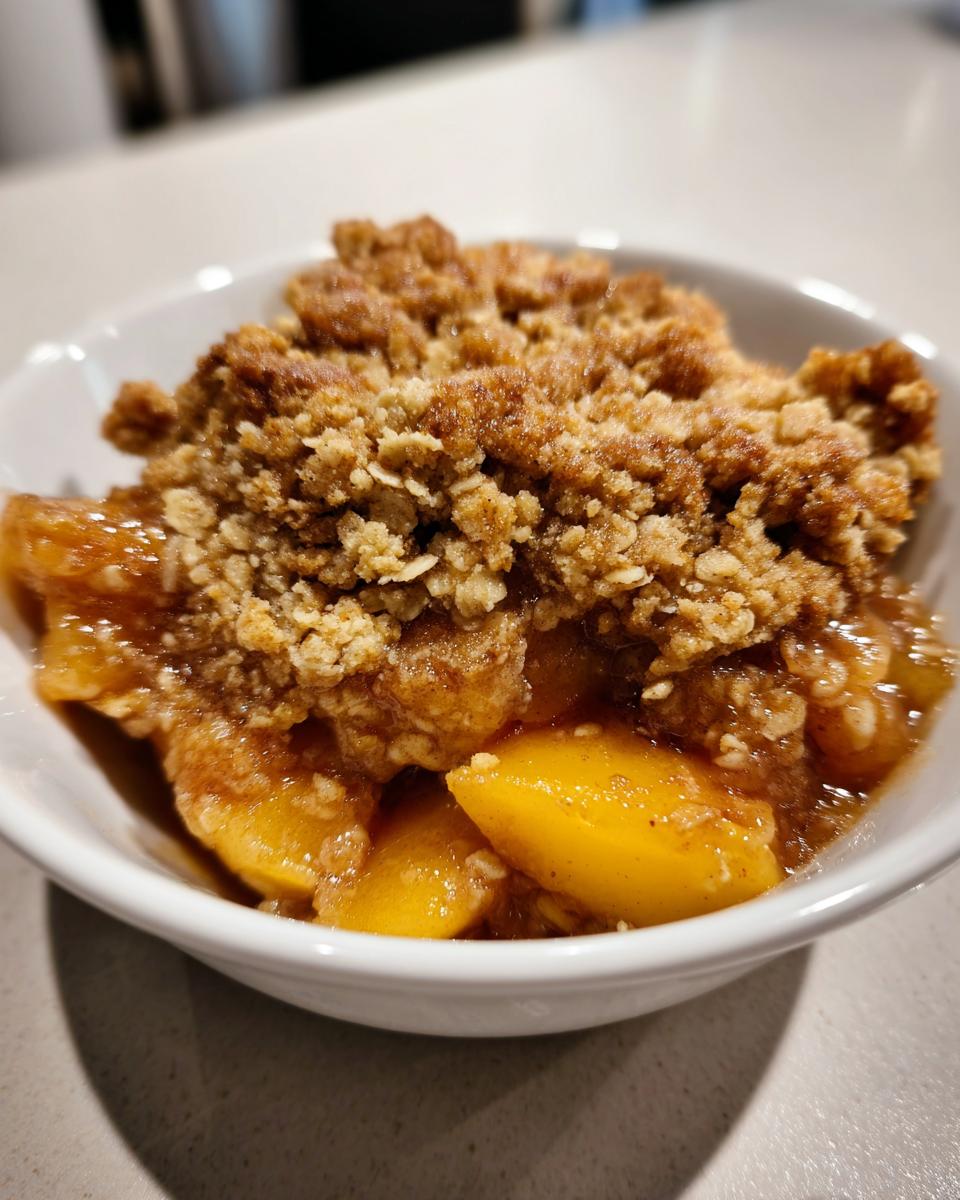 Close-up of a single serving of warm peach crisp with a thick, crunchy oat topping over sweet, syrupy peaches.