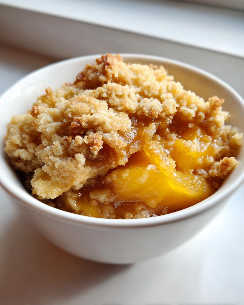 Close-up of a single serving of amazing peach crisp with a golden, crumbly topping over warm, syrupy peaches in a white bowl.