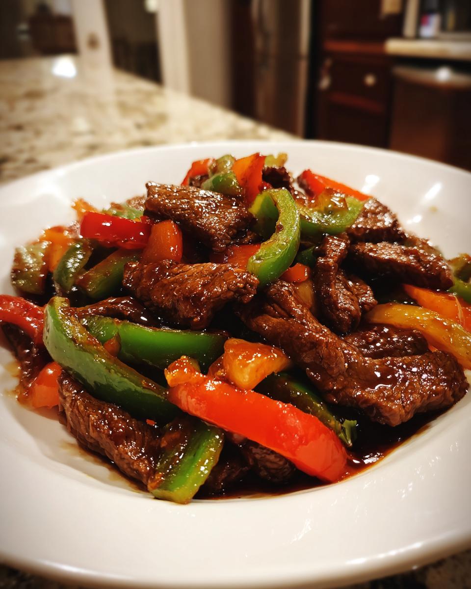 A close-up shot of glossy, saucy pepper steak mixed with vibrant red and green bell peppers in a white bowl.