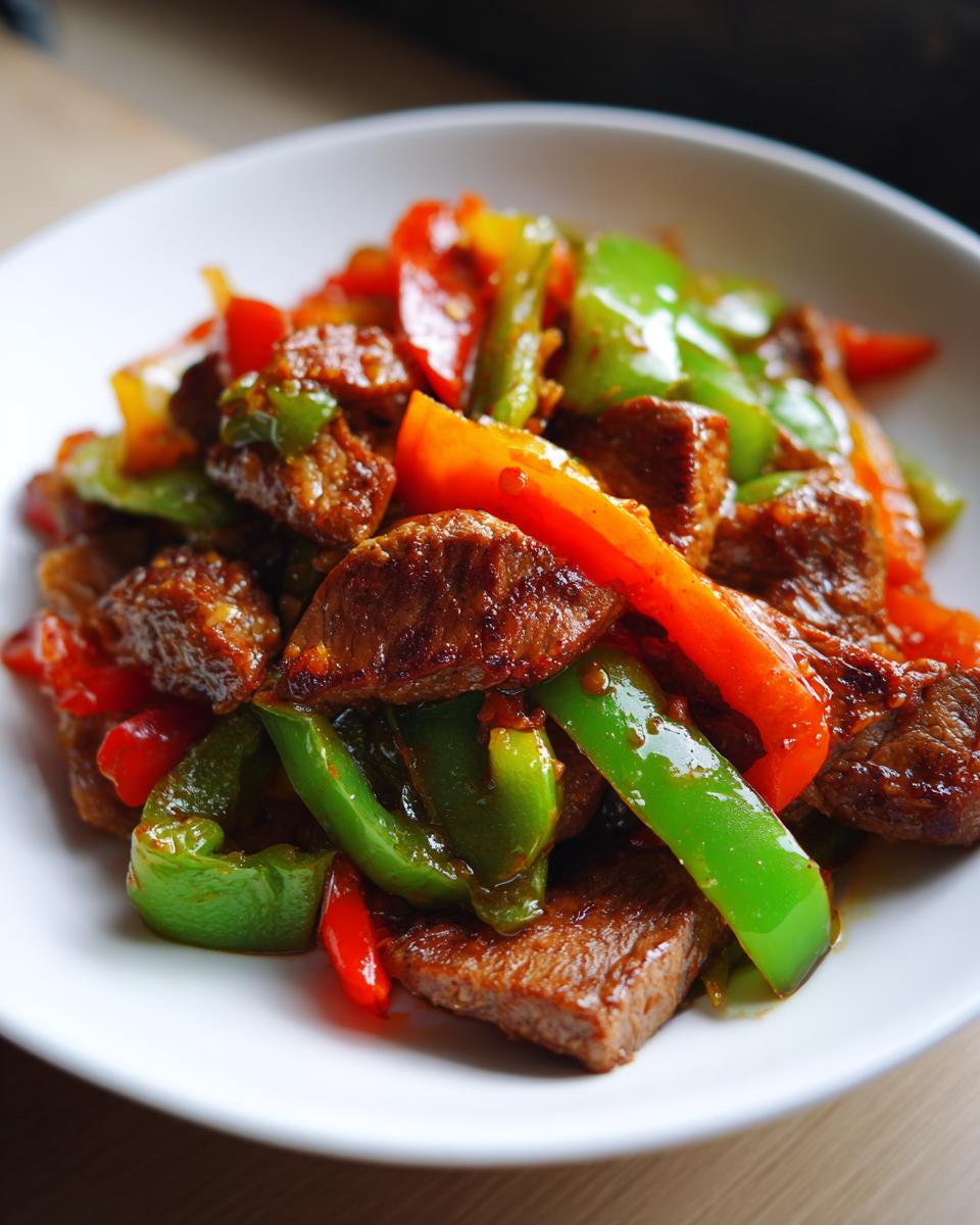 Close-up of savory pepper steak pieces mixed with vibrant red and green bell peppers in a white bowl.
