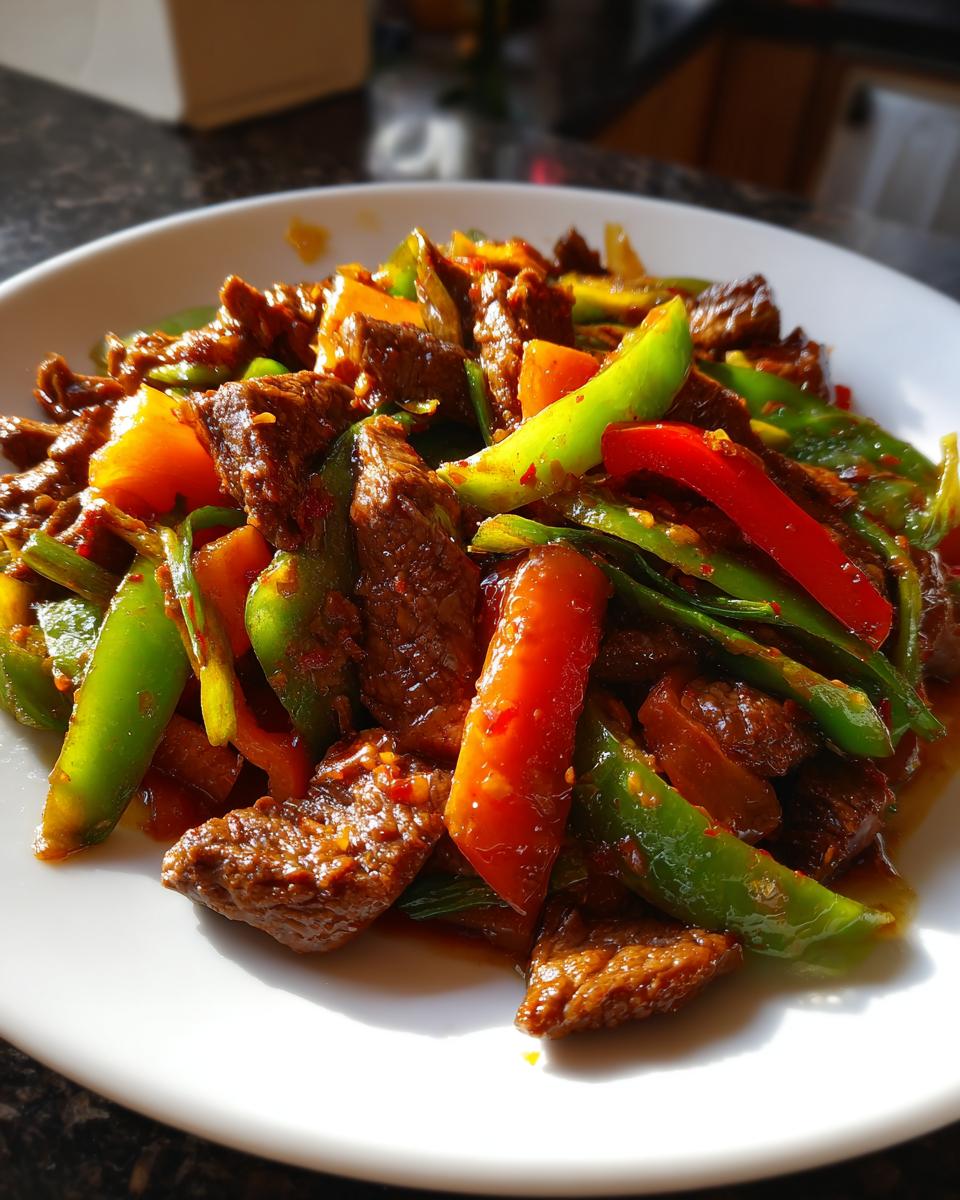A close-up of a vibrant plate of amazing 30-minute pepper steak featuring glossy beef strips and colorful bell peppers.