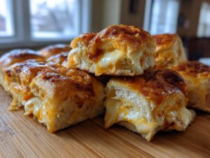 Close-up of cheesy pizza sliders showing melted mozzarella cheese stretching between cut pieces.