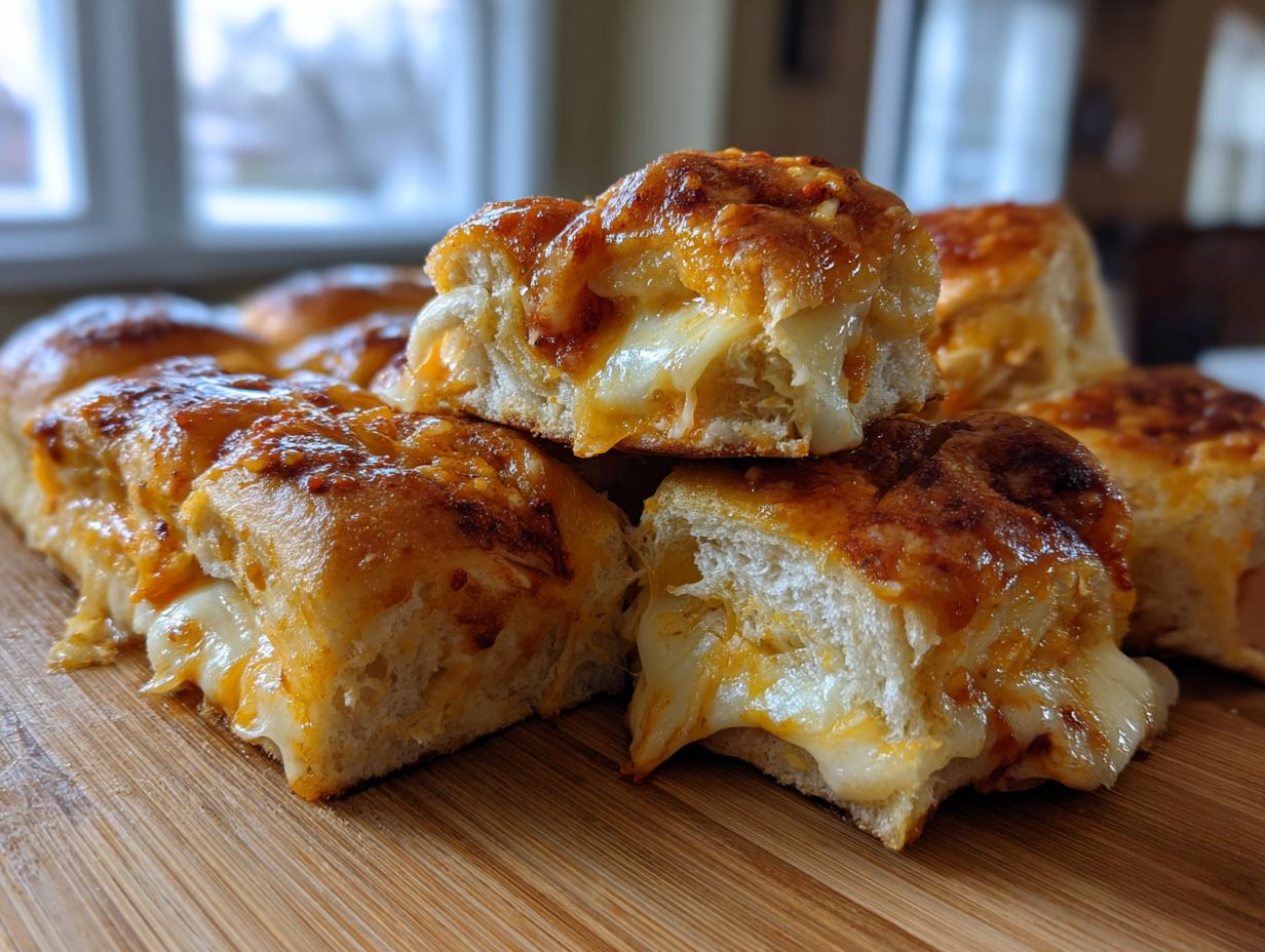 Close-up of cheesy pizza sliders showing melted mozzarella cheese stretching between cut pieces.