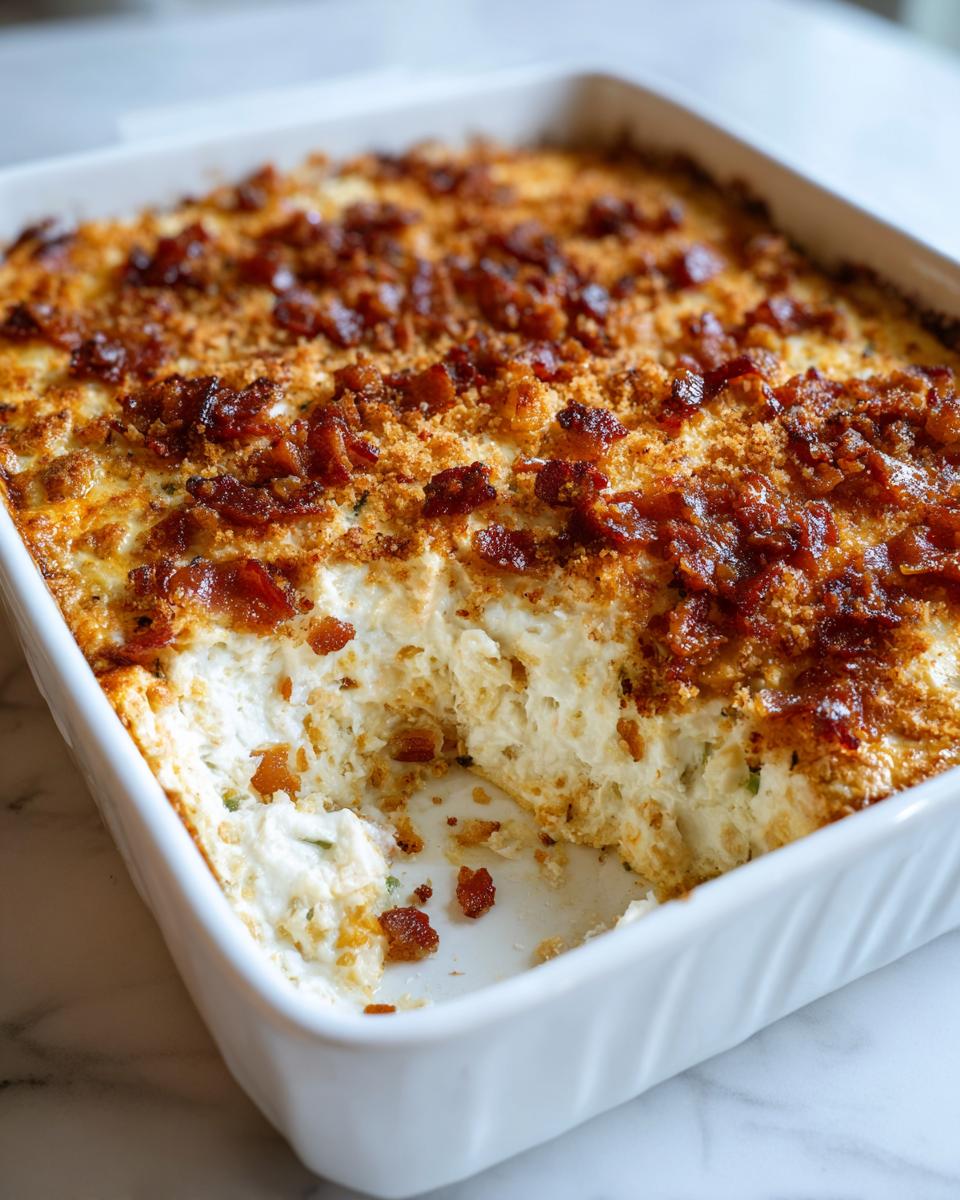 A scoop has been taken out of a white baking dish filled with creamy popper dip topped with crispy bacon and breadcrumbs.