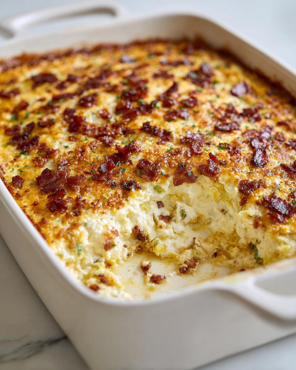 Close-up of a creamy, baked popper dip topped with crispy bacon crumbles in a white baking dish.