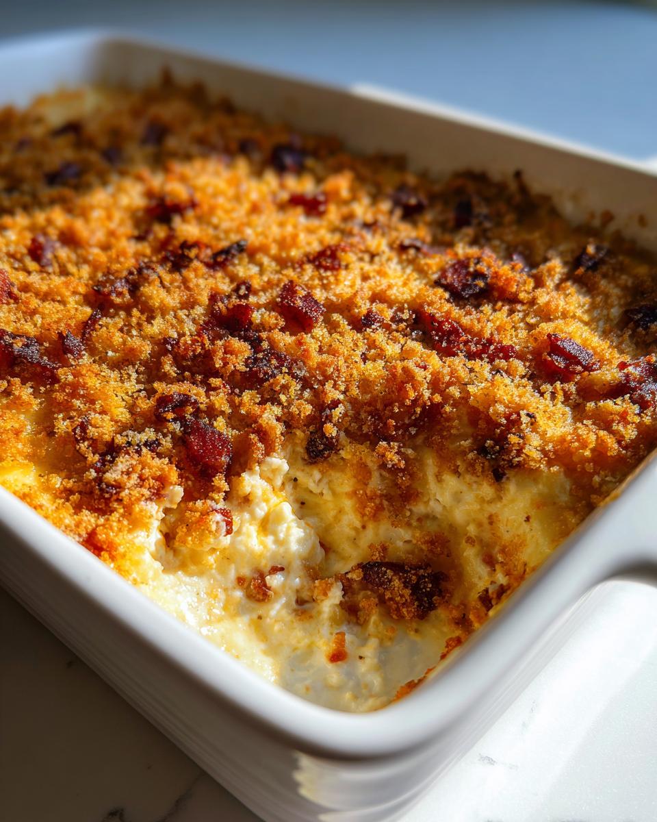 Close-up of creamy popper dip in a white dish with a golden, crispy topping featuring bacon bits.